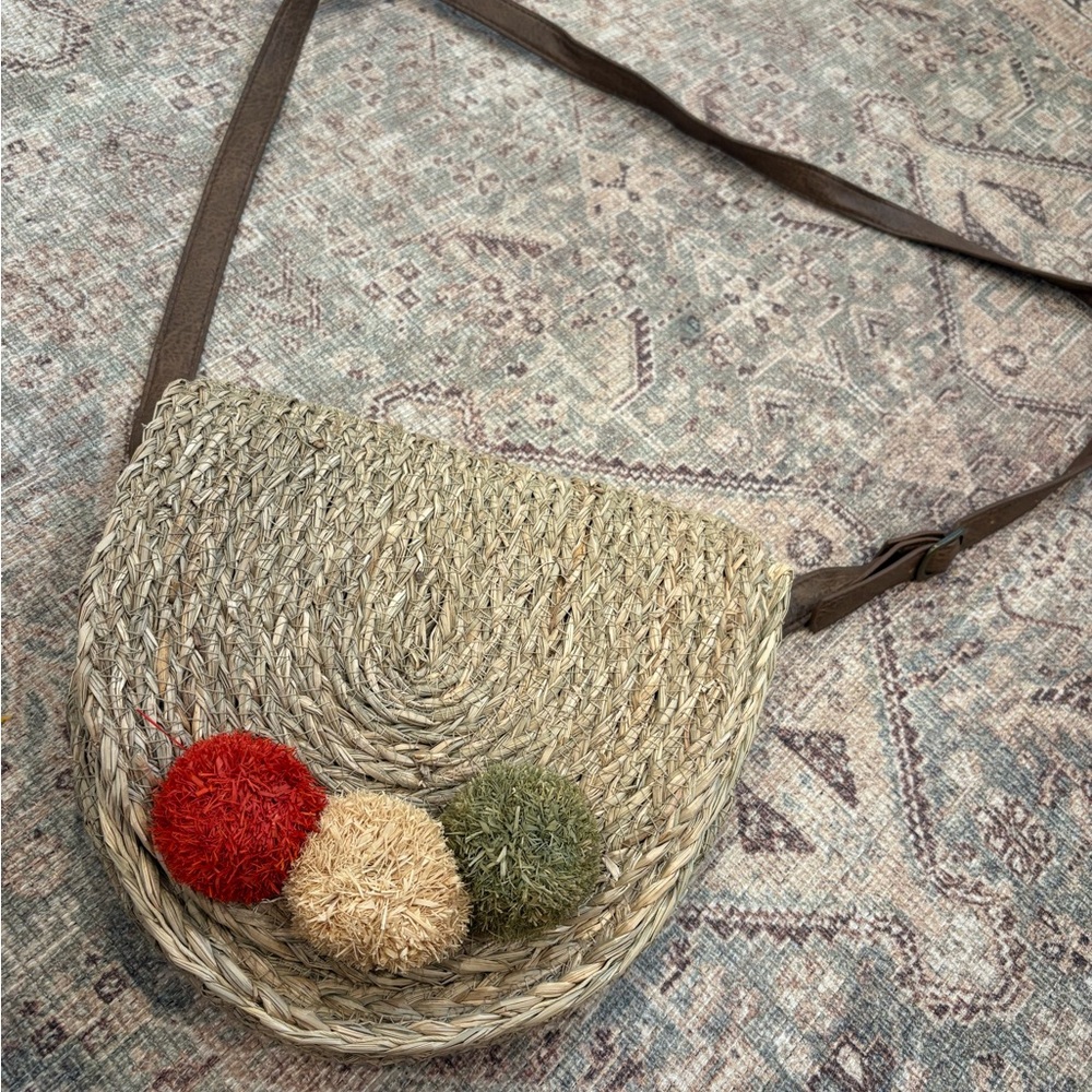 Woven Straw Crossbody Bag with Pom Poms